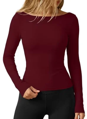 Darong Boat Neck Ribbed Workout Top in Wine Red