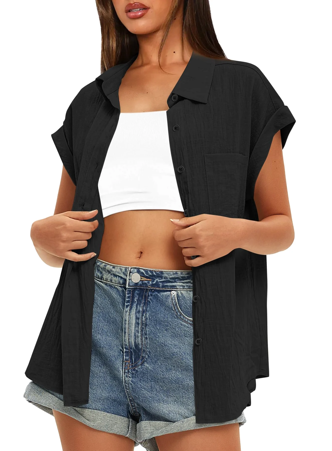 Darong Button Down Cotton Collared Short-Sleeve Top, frame 2