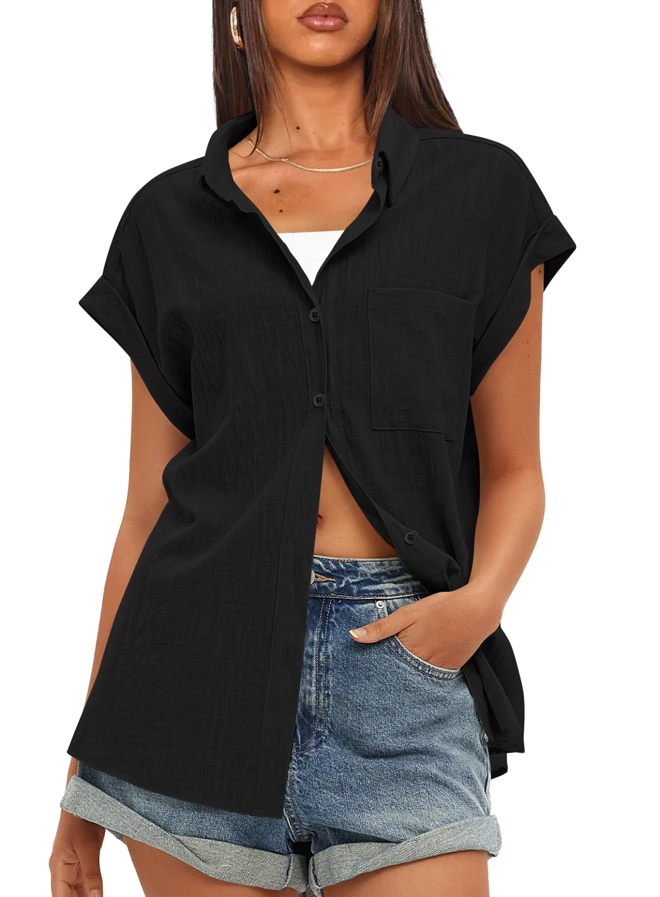 Darong Button Down Cotton Collared Short-Sleeve Top, frame 3