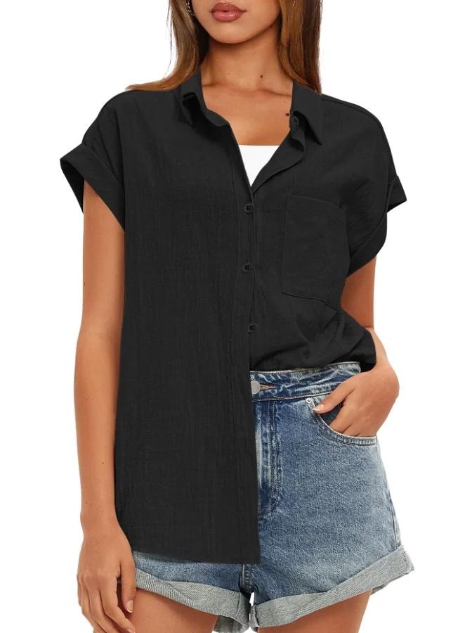 Darong Button Down Cotton Collared Short-Sleeve Top in Black