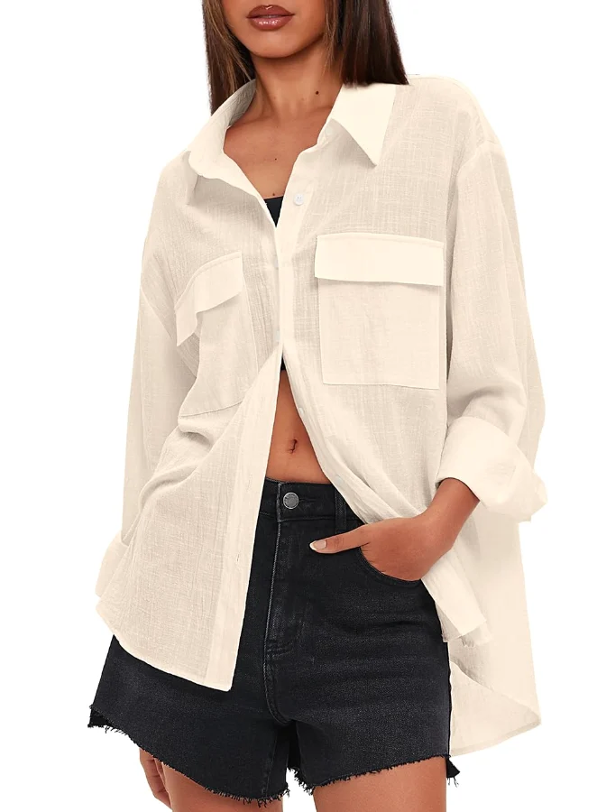 Darong Button Down Front Pocket Long-Sleeve Top in Beige