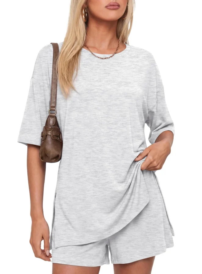 Darong Crew Neck Lounge Set in White and Grey