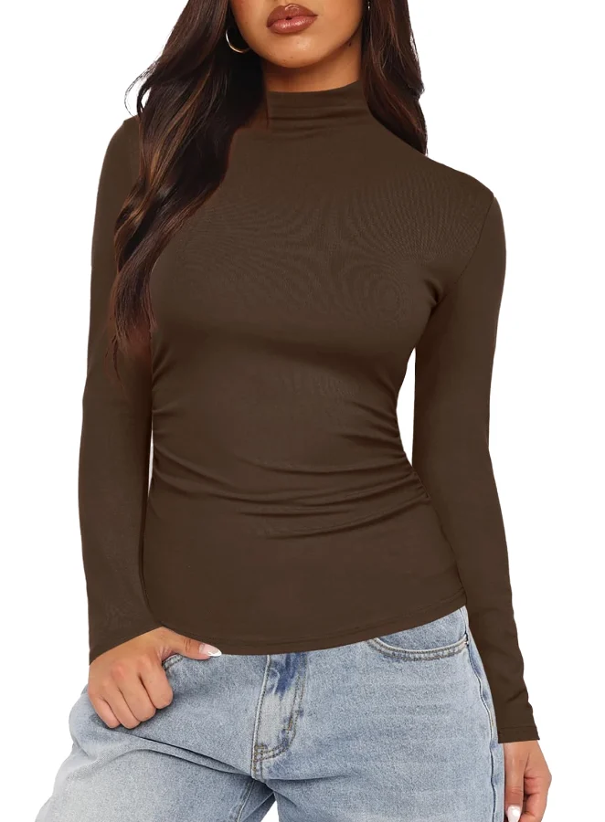 Darong High Neck Slim Ruched Long-Sleeve Top in Coffee
