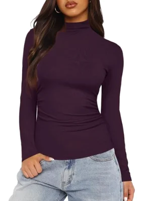 Darong High Neck Slim Ruched Long-Sleeve Top in Dark Purple