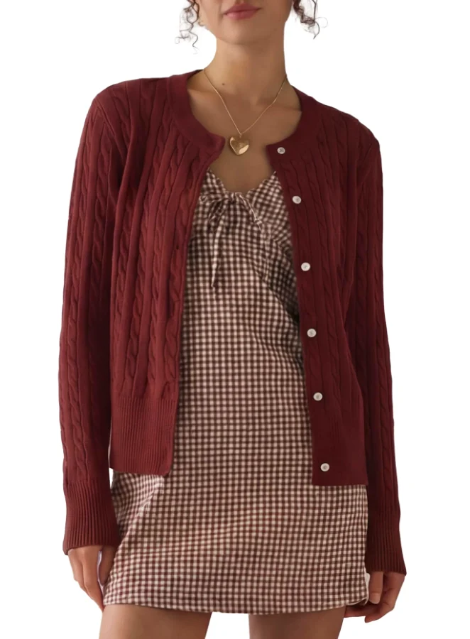 Darong Long-Sleeve Button Down Sweater in Wine Red