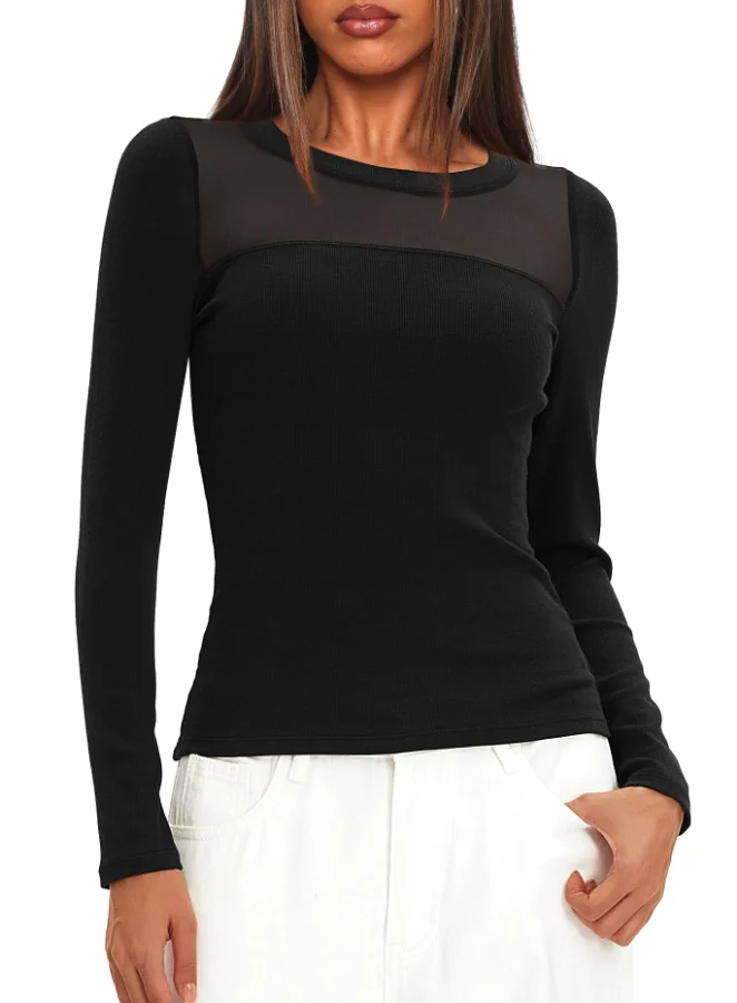 Darong Mesh Sheer Long-Sleeve Top in Black