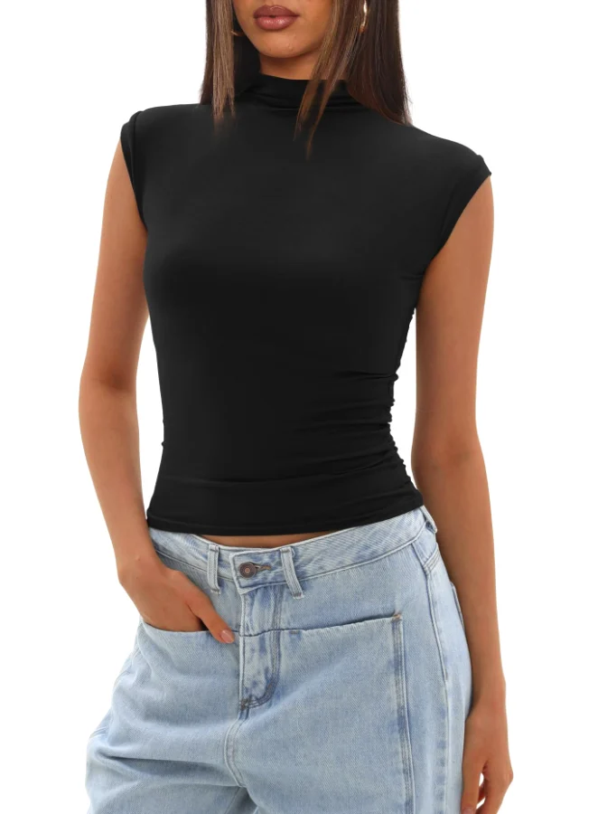 Darong Mock Neck Side Ruched Long-Sleeve Top in Black