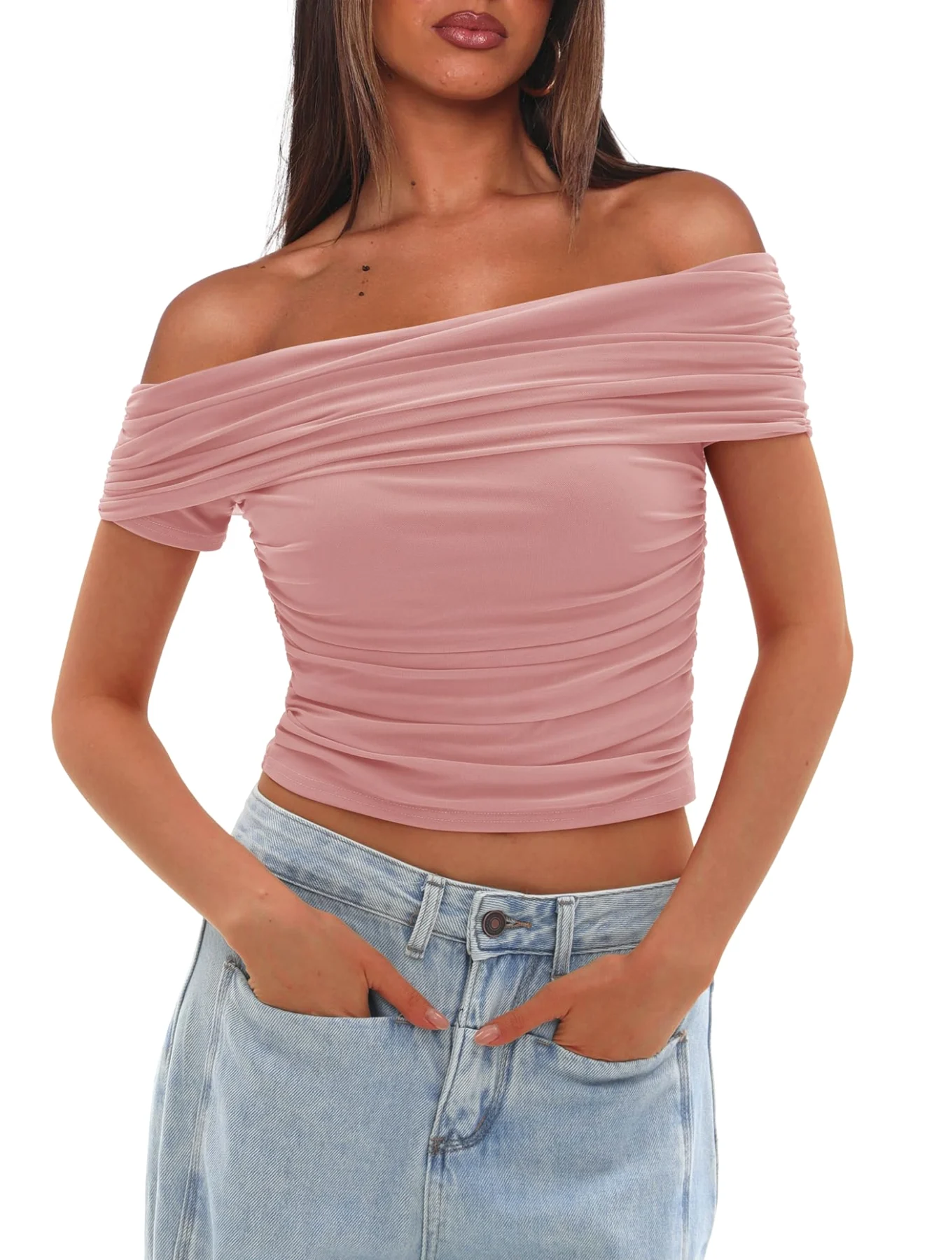 Darong Off-Shoulder Neck Mesh Short-Sleeve Top, frame 3