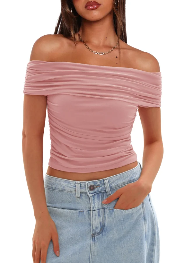 Darong Off-Shoulder Neck Mesh Short-Sleeve Top in Light Pink