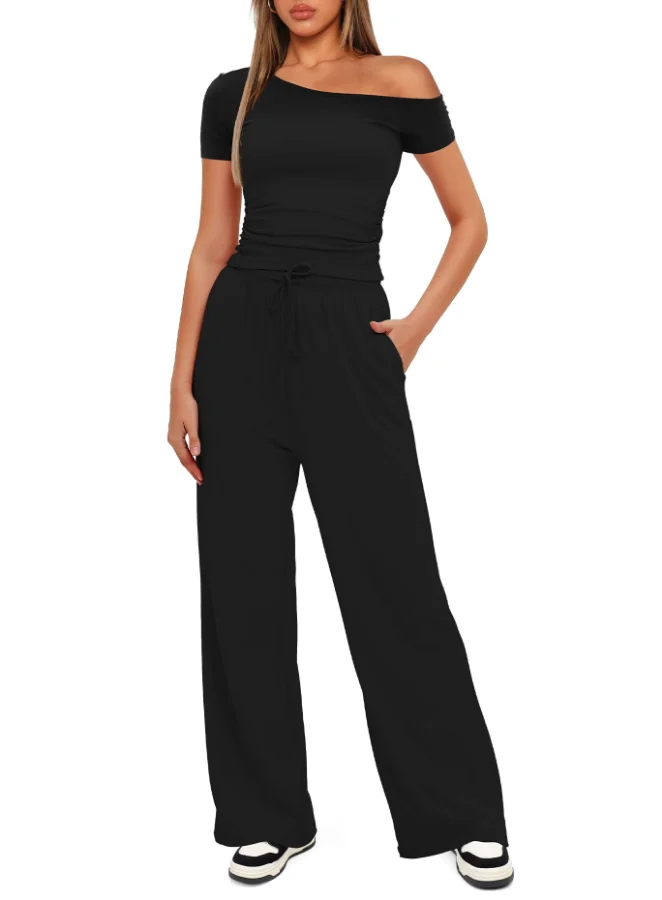 Darong Off-Shoulder Short-Sleeve High-Waisted Lounge Set in Black