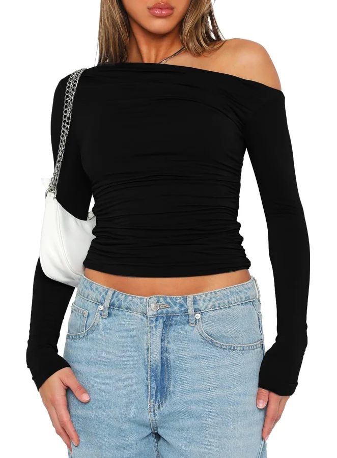 Darong Off-Shoulder Slim-Fit Long-Sleeve Top in Black