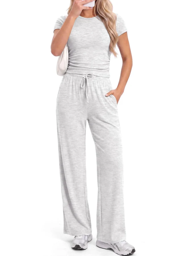 Darong Ribbed Matching Lounge Set in White and Grey