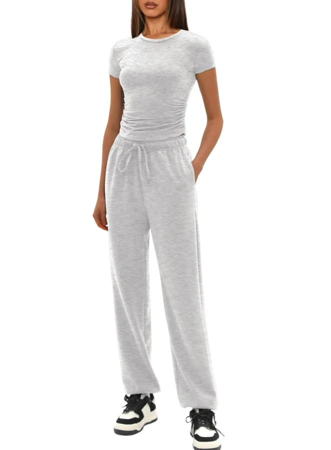 Darong Short-Sleeve Crop & Pants Set in White Grey(31" Inseam)