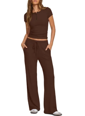 Darong Short-Sleeve Henley Pants Set in Coffee