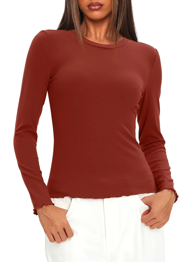 Darong Stretch Long-Sleeve Top in Brick Red