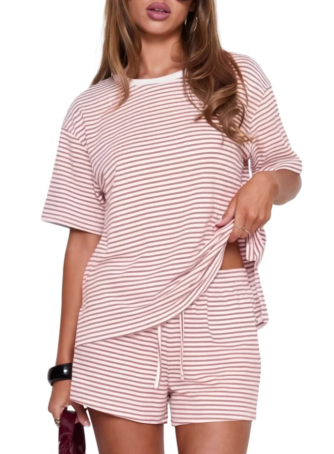 Darong Striped Shorts Set in Pink Stripe