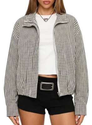 Darong Zip-Up Checkered Collared Jacket in Beige