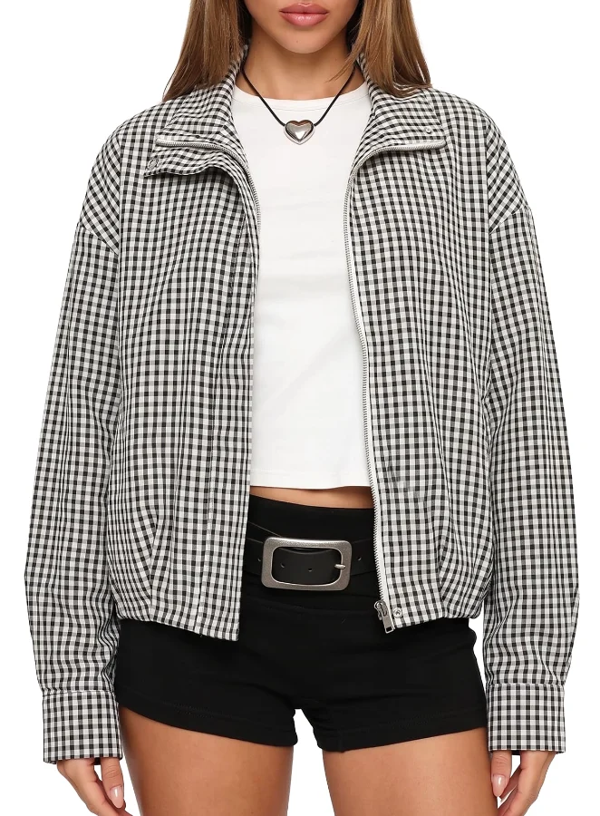 Darong Zip-Up Checkered Collared Jacket in Black